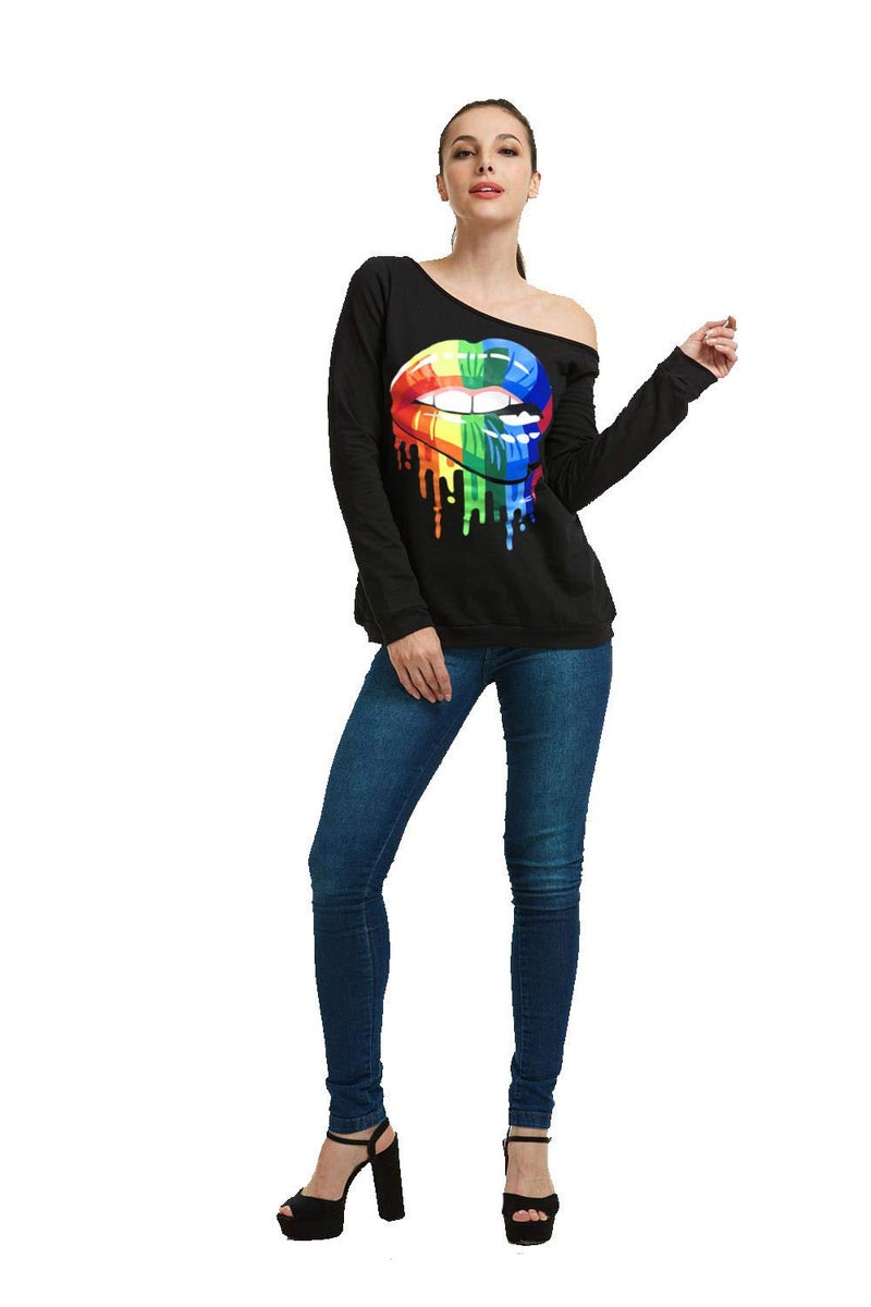 MAGICMK Womanâ€™s Sweatershirt Lips Print Causal Blouse Off The Shoulder Long Sleeve Loose Slouchy Pullover Plus Size Topsâ€¦(M) - Image 3